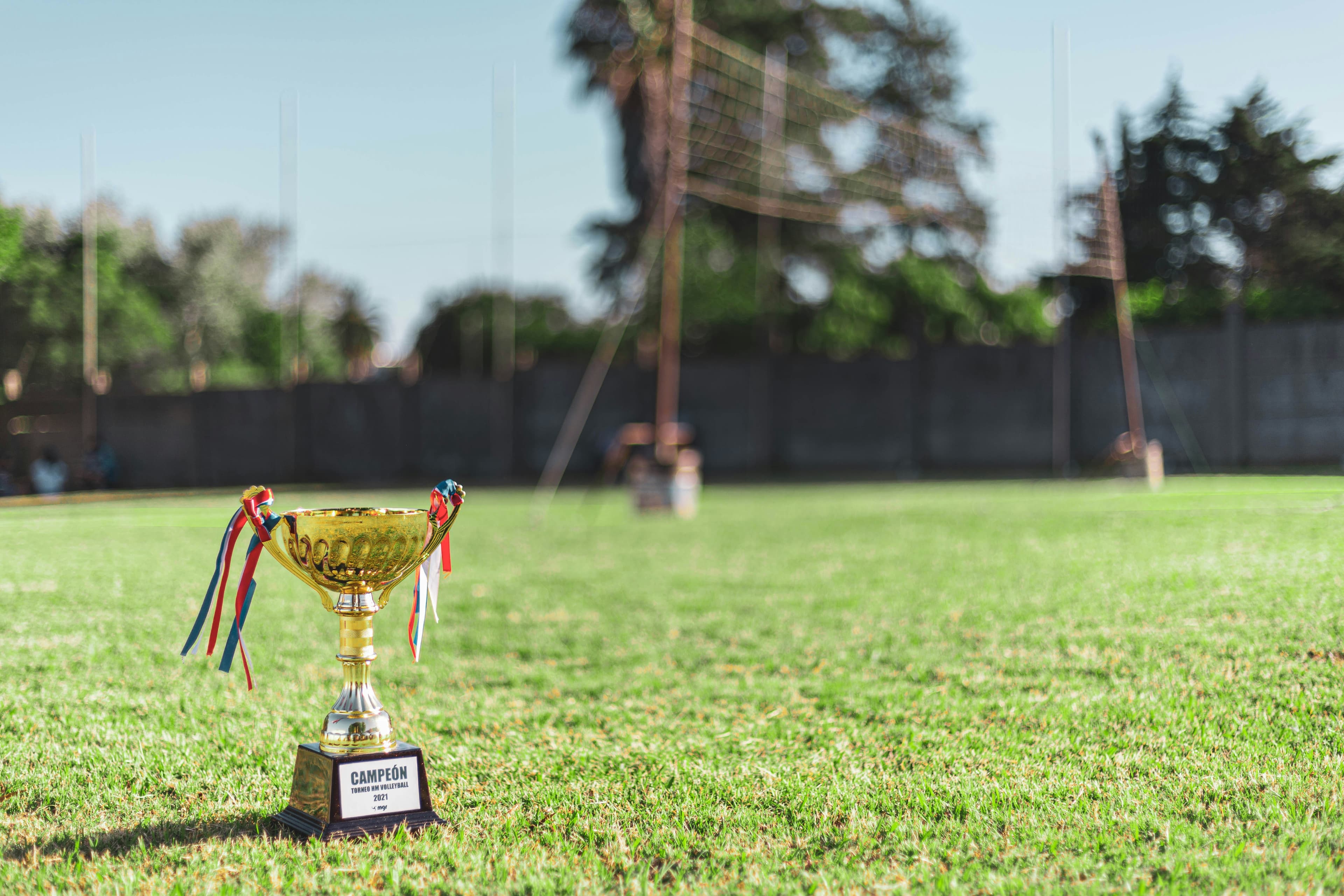 A gold trophy standing on a sports field